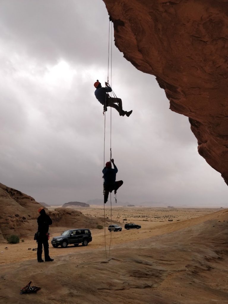 Rescue techniques by Jordan Mountain Guides, on Kharazeh Bridge in Wadi Rum area